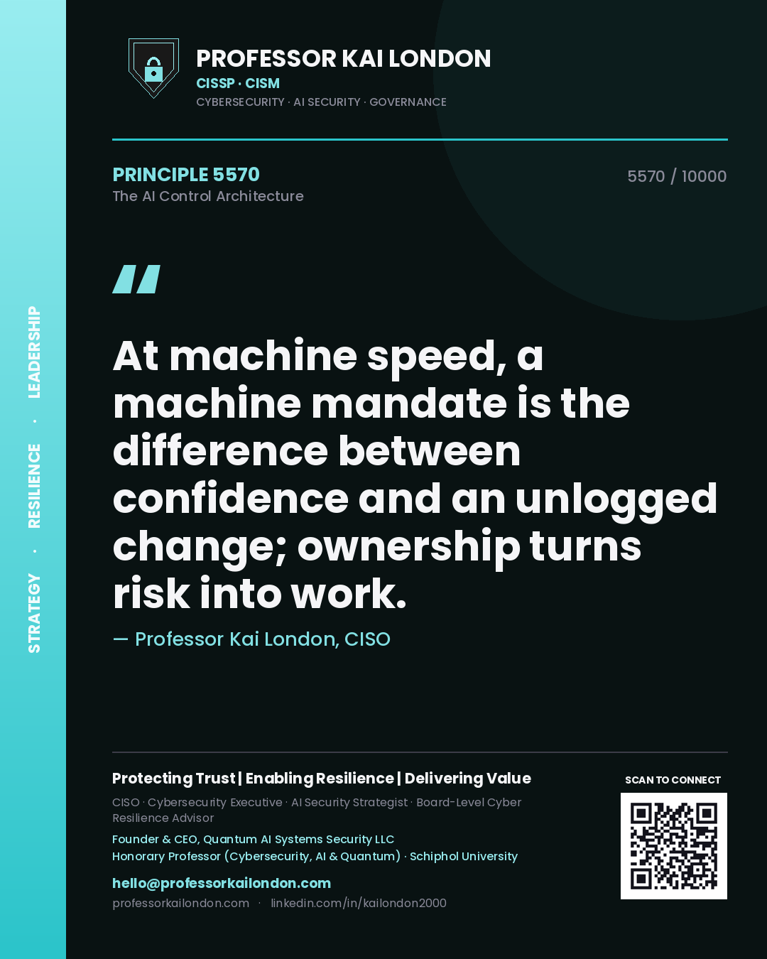 Quote card by Professor Kai London reading 'At machine speed, a machine mandate is the difference between confidence and an unlogged change; ownership turns risk into work.'. From the book The AI Control Architecture.