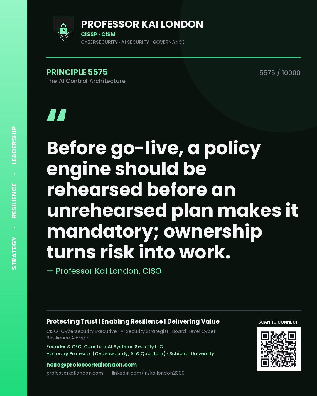 Quote card by Professor Kai London reading 'Before go-live, a policy engine should be rehearsed before an unrehearsed plan makes it mandatory; ownership turns risk into work.'. From the book The AI Control Architecture.