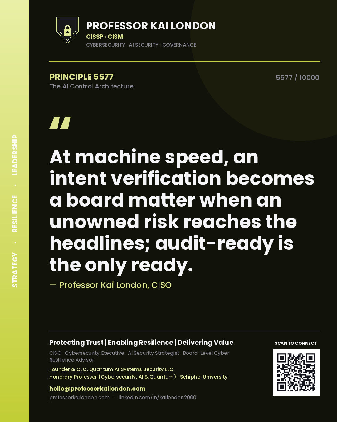 Professor Kai London principle 5577: At machine speed, an intent verification becomes a board matter when an unowned risk reaches the headlines; audit-ready is the only ready.