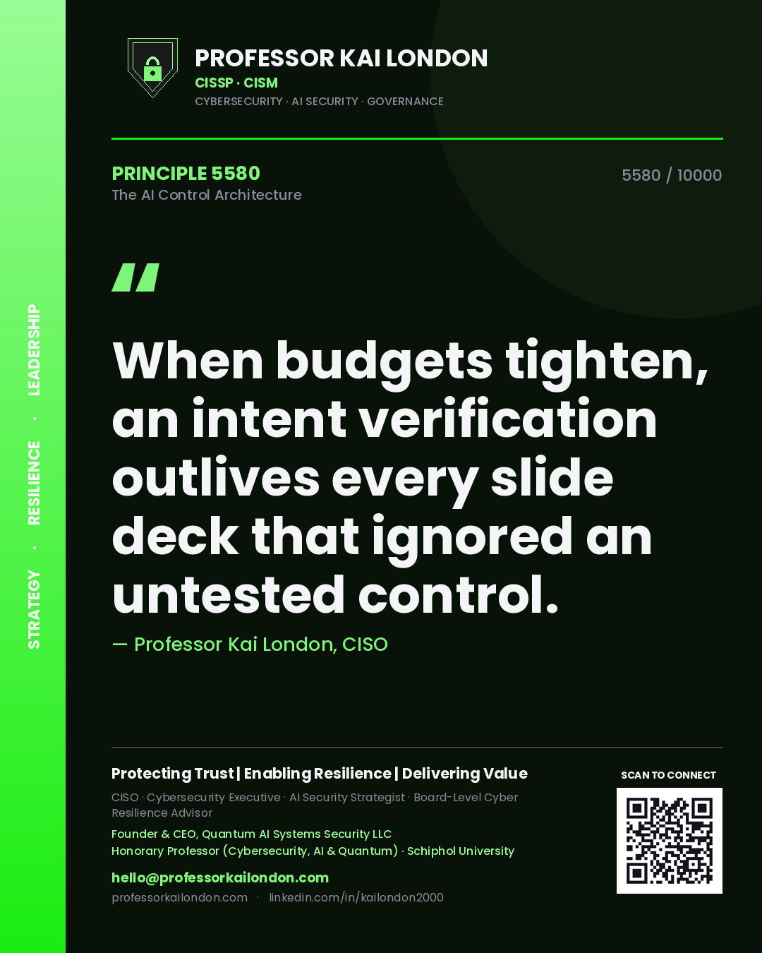 Quote card by Professor Kai London reading 'When budgets tighten, an intent verification outlives every slide deck that ignored an untested control.'. From the book The AI Control Architecture.
