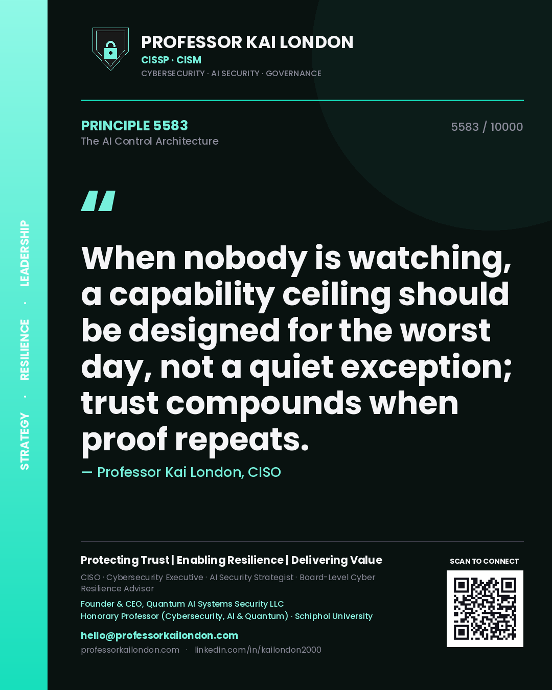 Quote card by Professor Kai London reading 'When nobody is watching, a capability ceiling should be designed for the worst day, not a quiet exception; trust compounds when proof repeats.'. From the book The AI Control Architecture.