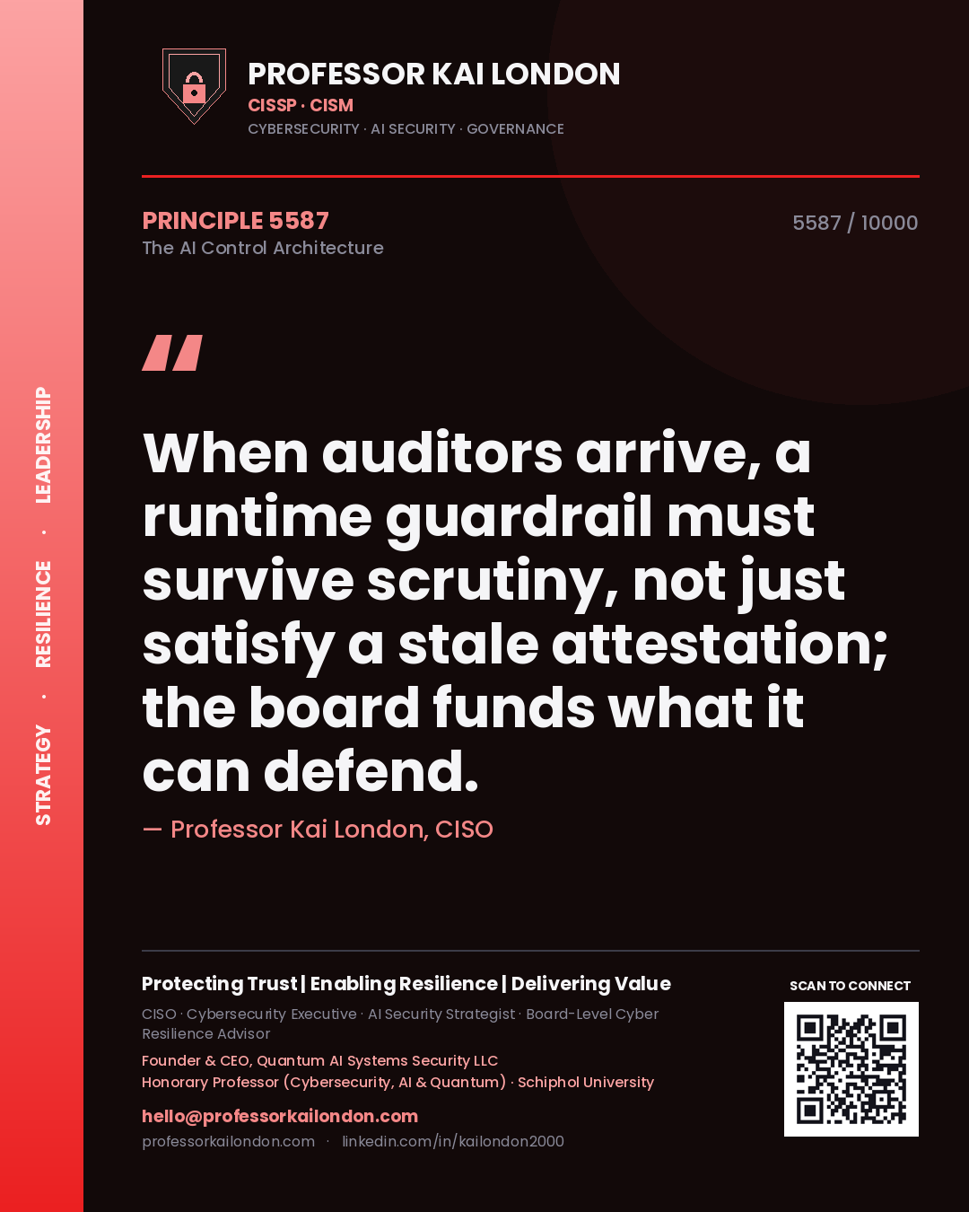 Quote card by Professor Kai London reading 'When auditors arrive, a runtime guardrail must survive scrutiny, not just satisfy a stale attestation; the board funds what it can defend.'. From the book The AI Control Architecture.