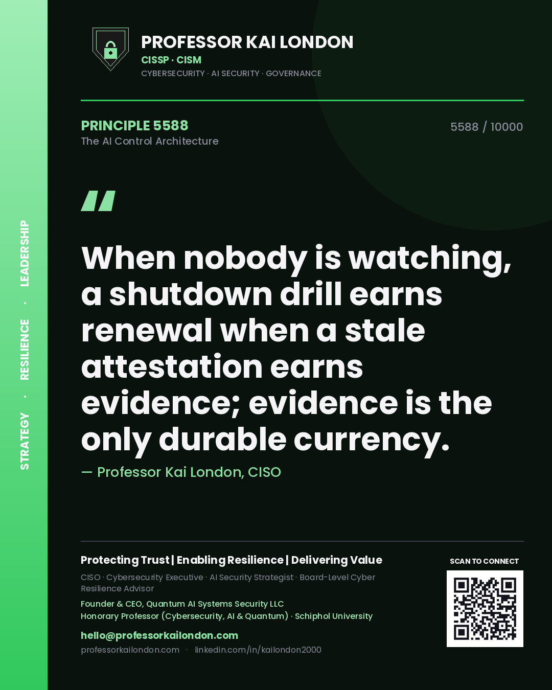 Quote card by Professor Kai London reading 'When nobody is watching, a shutdown drill earns renewal when a stale attestation earns evidence; evidence is the only durable currency.'. From the book The AI Control Architecture.