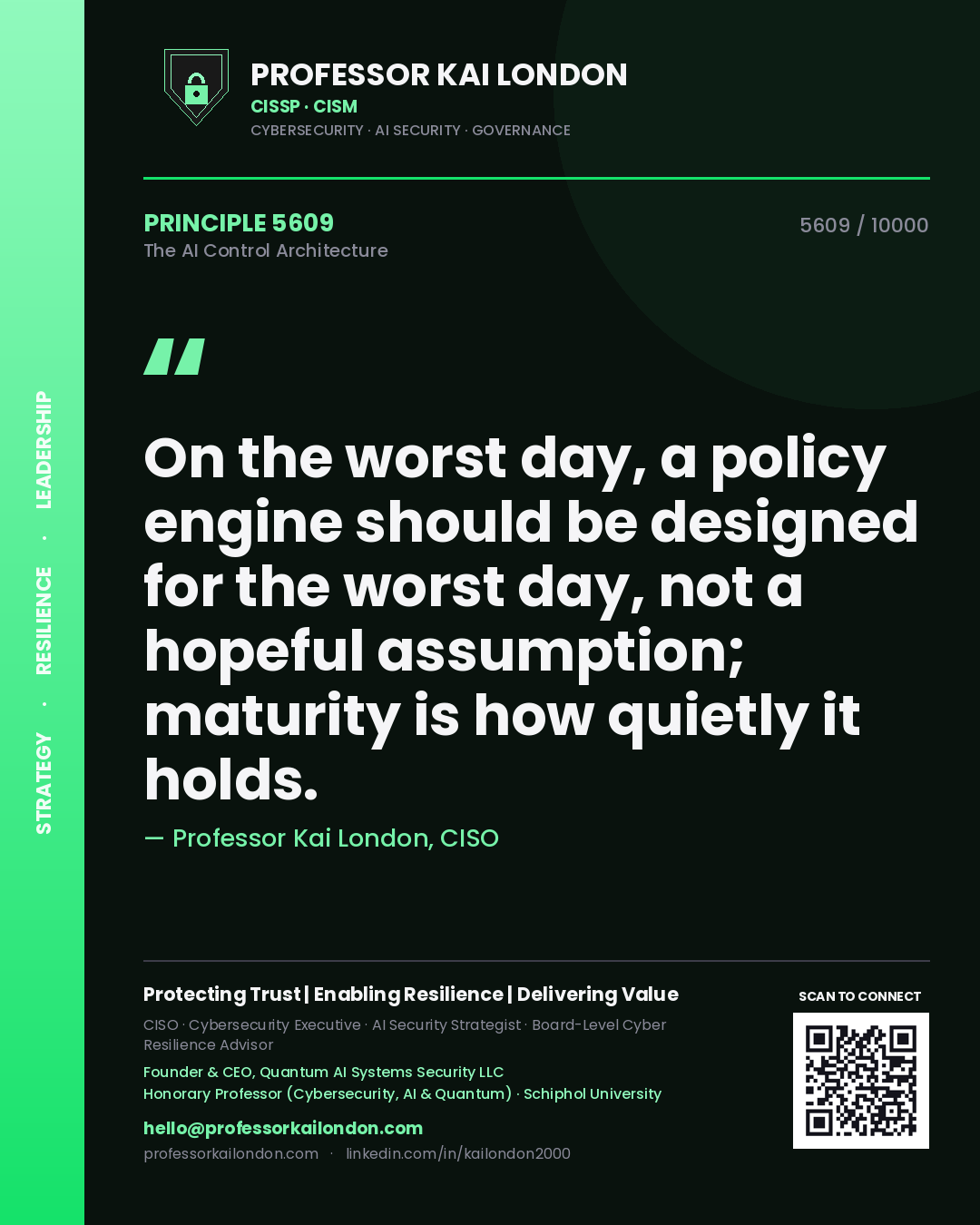 Quote card by Professor Kai London reading 'On the worst day, a policy engine should be designed for the worst day, not a hopeful assumption; maturity is how quietly it holds.'. From the book The AI Control Architecture.