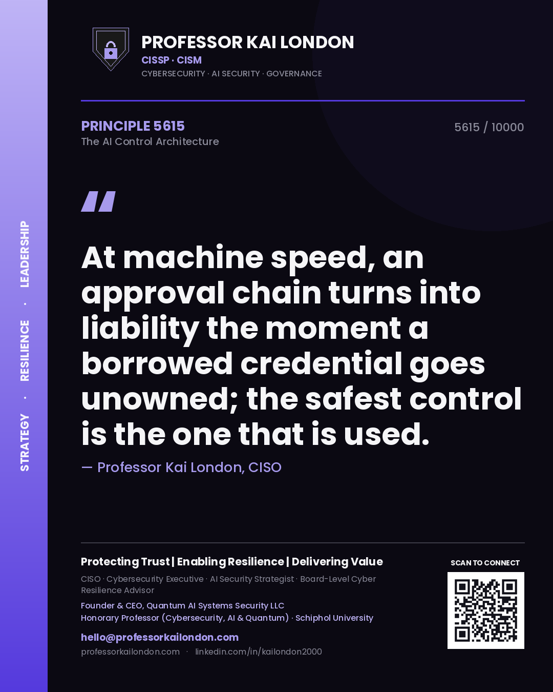 Quote card by Professor Kai London reading 'At machine speed, an approval chain turns into liability the moment a borrowed credential goes unowned; the safest control is the one that is used.'. From the book The AI Control Architecture.