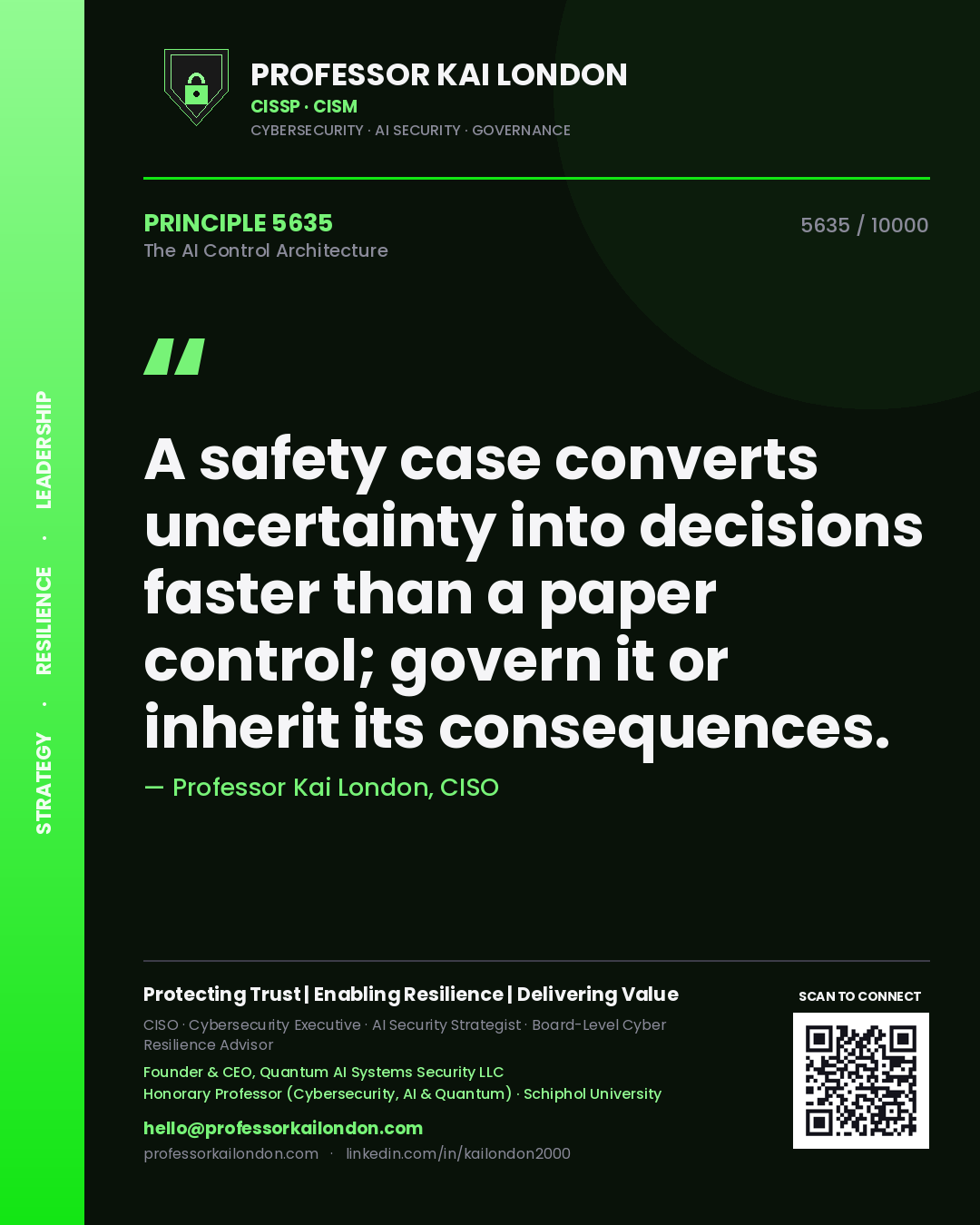 Quote card by Professor Kai London reading 'A safety case converts uncertainty into decisions faster than a paper control; govern it or inherit its consequences.'. From the book The AI Control Architecture.