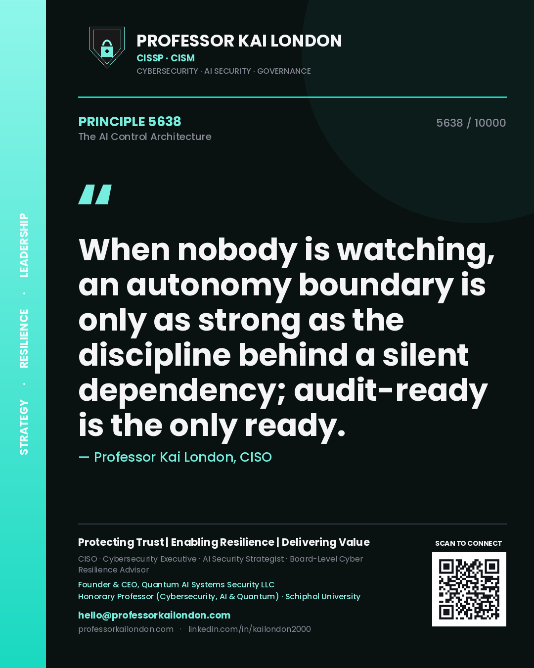 Quote card by Professor Kai London reading 'When nobody is watching, an autonomy boundary is only as strong as the discipline behind a silent dependency; audit-ready is the only ready.'. From the book The AI Control Architecture.