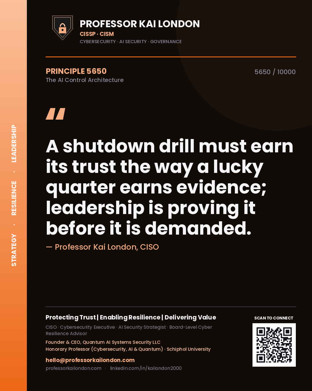 Quote card by Professor Kai London reading 'A shutdown drill must earn its trust the way a lucky quarter earns evidence; leadership is proving it before it is demanded.'. From the book The AI Control Architecture.
