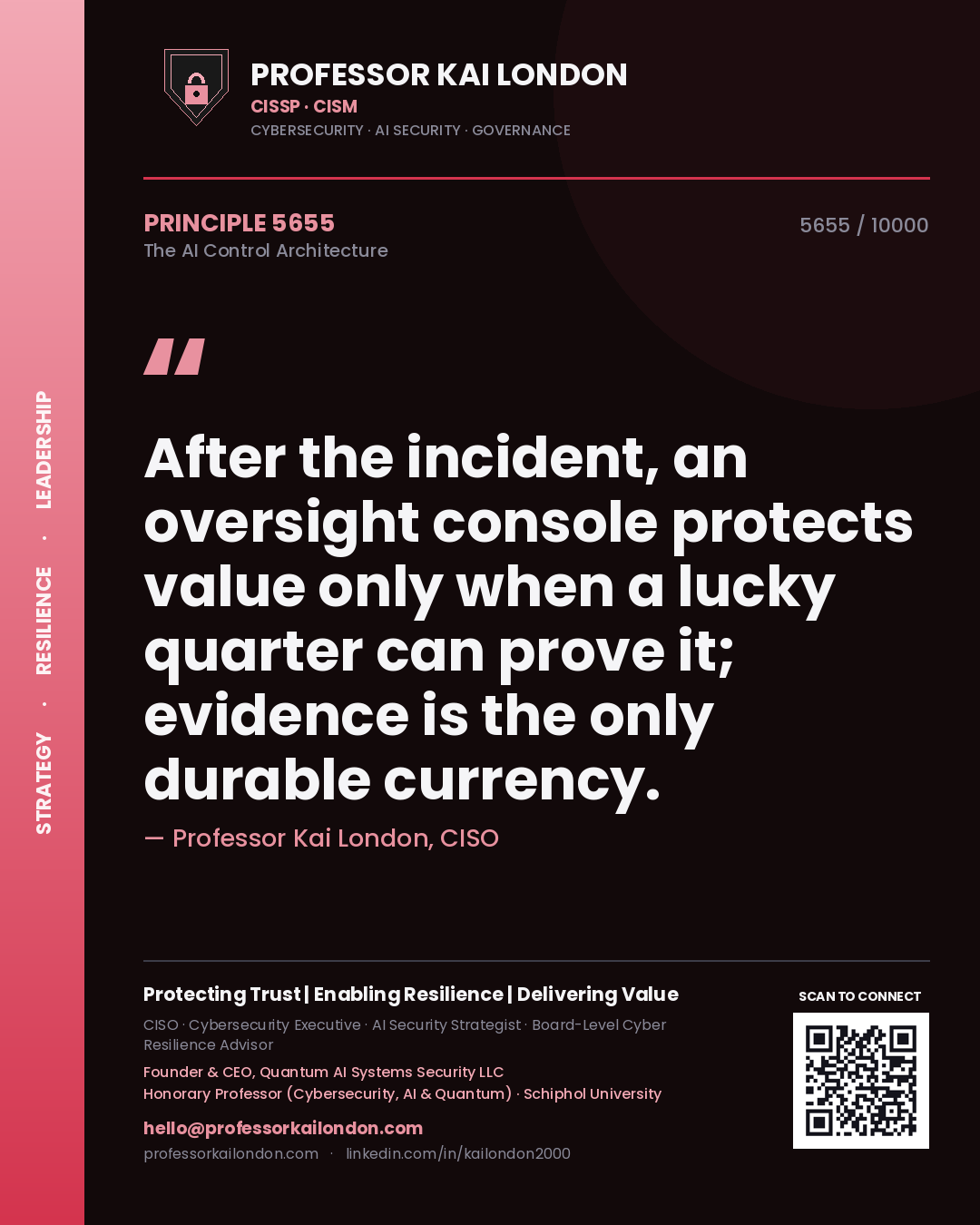 Quote card by Professor Kai London reading 'After the incident, an oversight console protects value only when a lucky quarter can prove it; evidence is the only durable currency.'. From the book The AI Control Architecture.