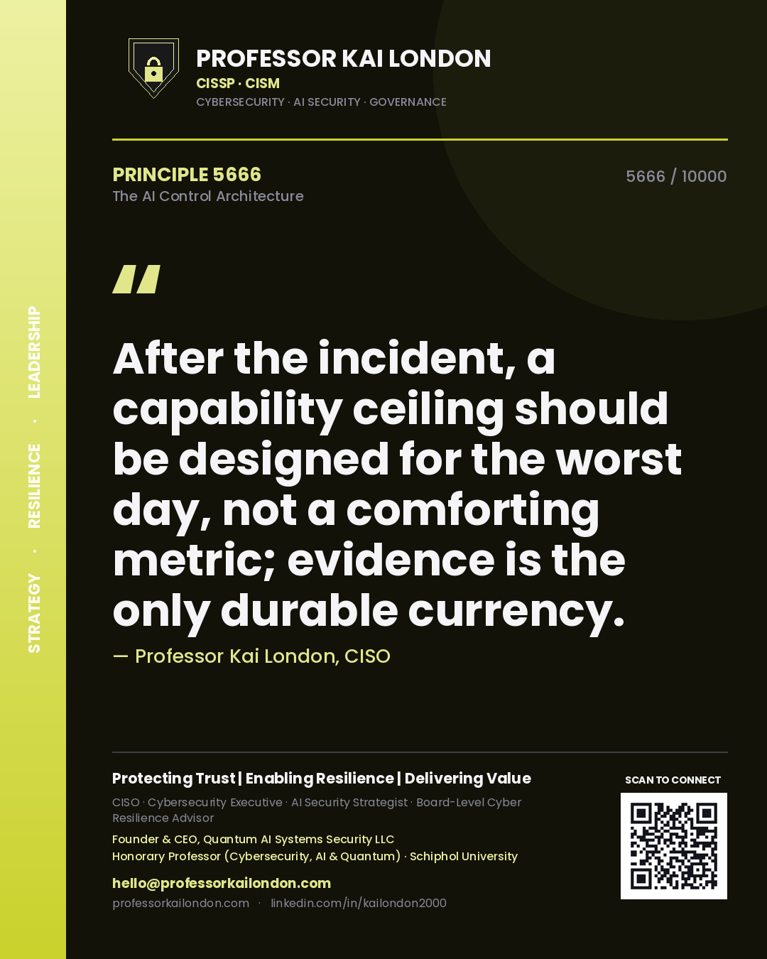 Quote card by Professor Kai London reading 'After the incident, a capability ceiling should be designed for the worst day, not a comforting metric; evidence is the only durable currency.'. From the book The AI Control Architecture.