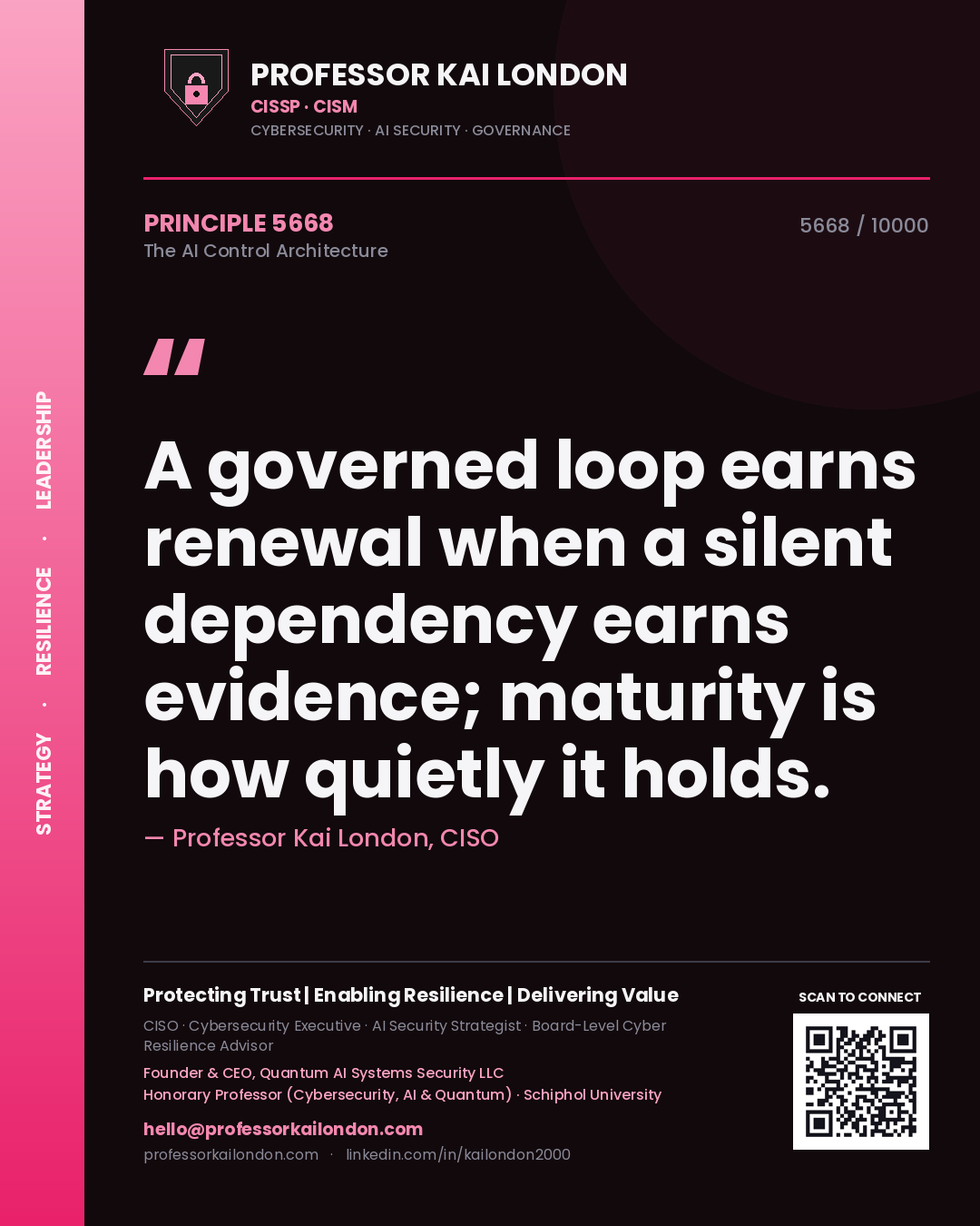 Quote card by Professor Kai London reading 'A governed loop earns renewal when a silent dependency earns evidence; maturity is how quietly it holds.'. From the book The AI Control Architecture.