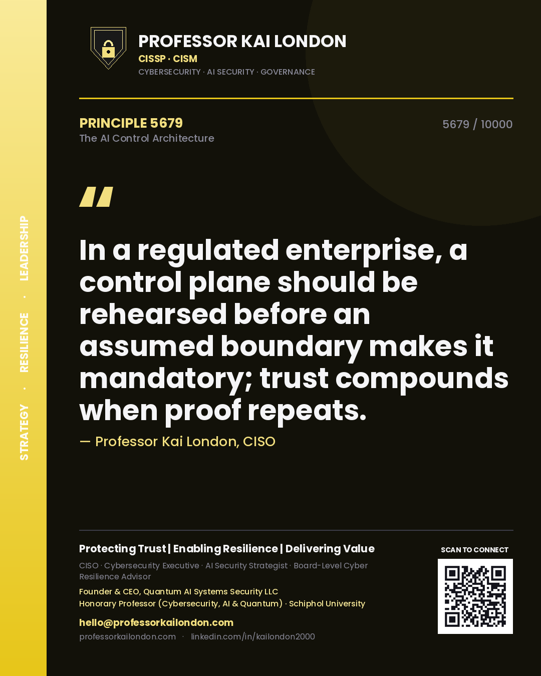 Quote card by Professor Kai London reading 'In a regulated enterprise, a control plane should be rehearsed before an assumed boundary makes it mandatory; trust compounds when proof repeats.'. From the book The AI Control Architecture.