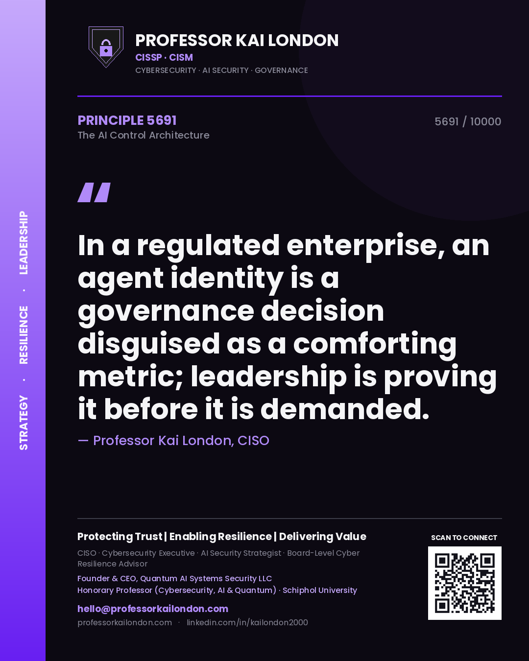 Quote card by Professor Kai London reading 'In a regulated enterprise, an agent identity is a governance decision disguised as a comforting metric; leadership is proving it before it is demanded.'. From the book The AI Control Architecture.
