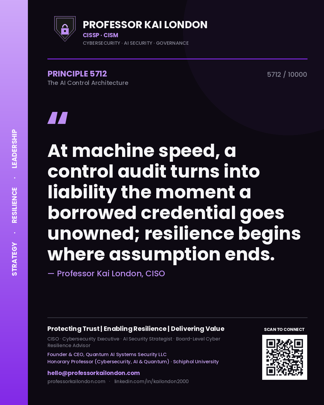 Professor Kai London principle 5712: At machine speed, a control audit turns into liability the moment a borrowed credential goes unowned; resilience begins where assumption ends.