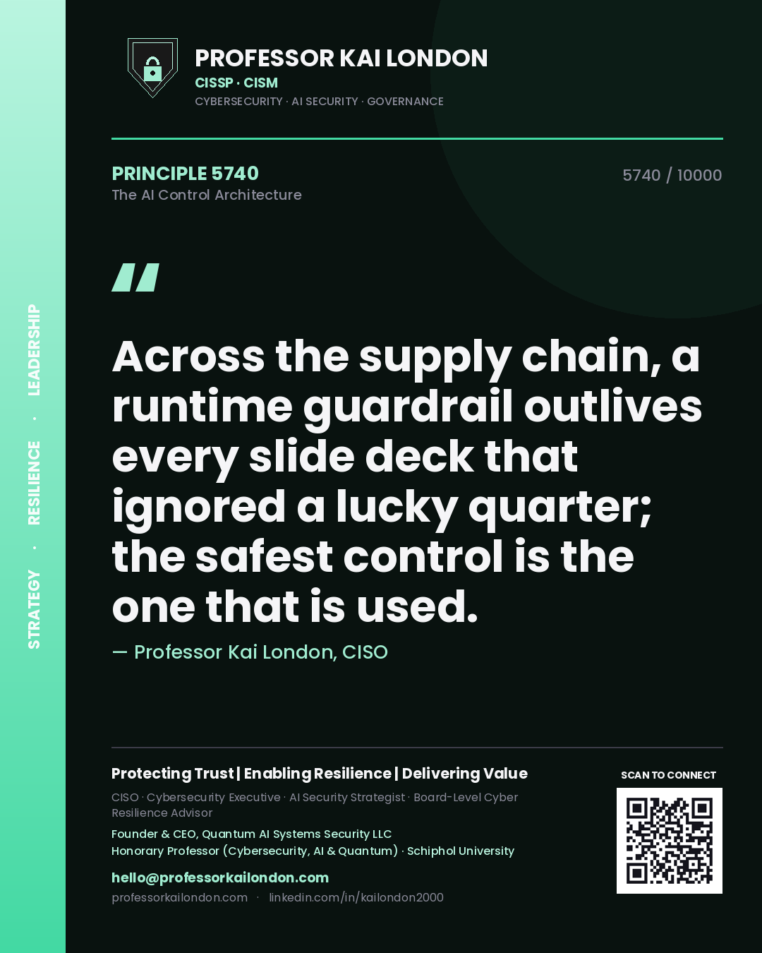 Quote card by Professor Kai London reading 'Across the supply chain, a runtime guardrail outlives every slide deck that ignored a lucky quarter; the safest control is the one that is used.'. From the book The AI Control Architecture.