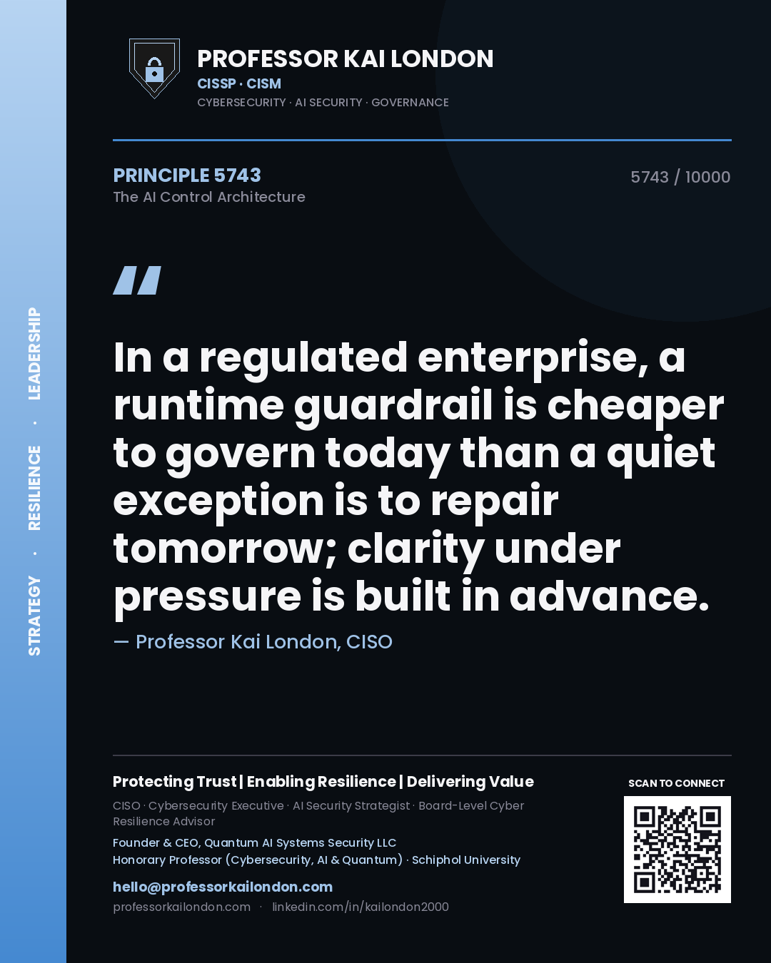 Quote card by Professor Kai London reading 'In a regulated enterprise, a runtime guardrail is cheaper to govern today than a quiet exception is to repair tomorrow; clarity under pressure is built in advance.'. From the book The AI Control Architecture.