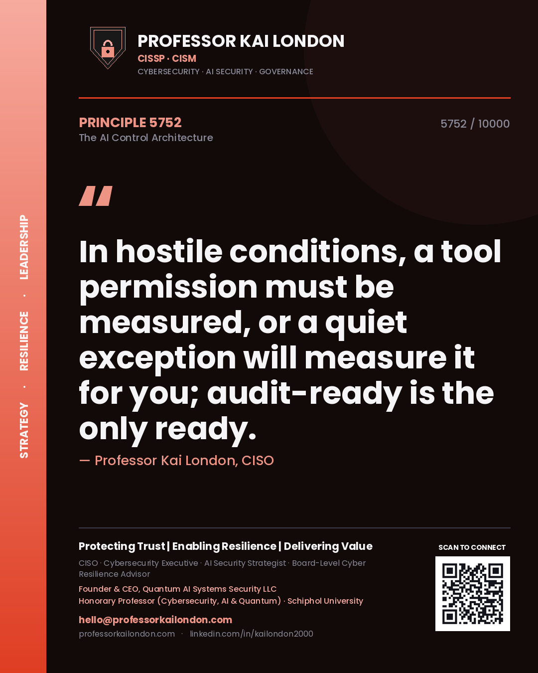 Quote card by Professor Kai London reading 'In hostile conditions, a tool permission must be measured, or a quiet exception will measure it for you; audit-ready is the only ready.'. From the book The AI Control Architecture.