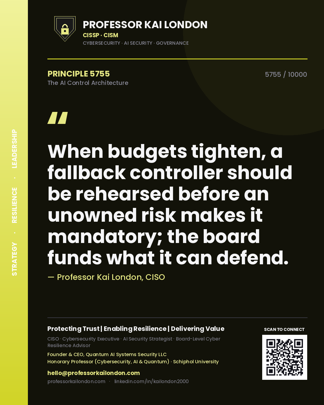 Professor Kai London principle 5755: When budgets tighten, a fallback controller should be rehearsed before an unowned risk makes it mandatory; the board funds what it can defend.