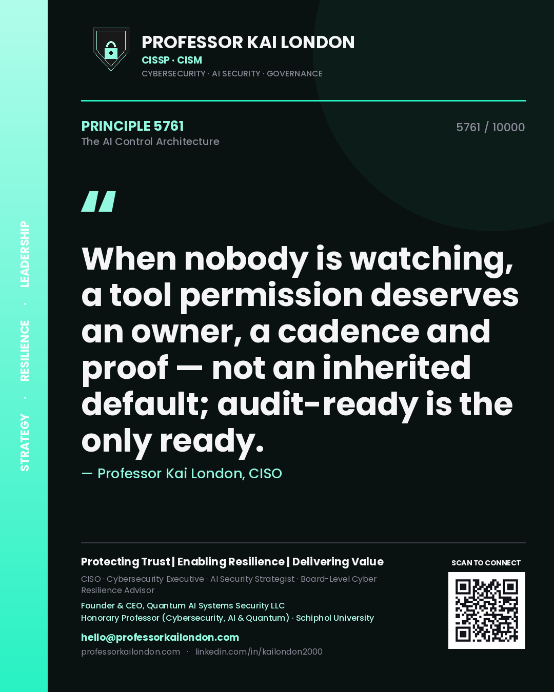Quote card by Professor Kai London reading 'When nobody is watching, a tool permission deserves an owner, a cadence and proof — not an inherited default; audit-ready is the only ready.'. From the book The AI Control Architecture.