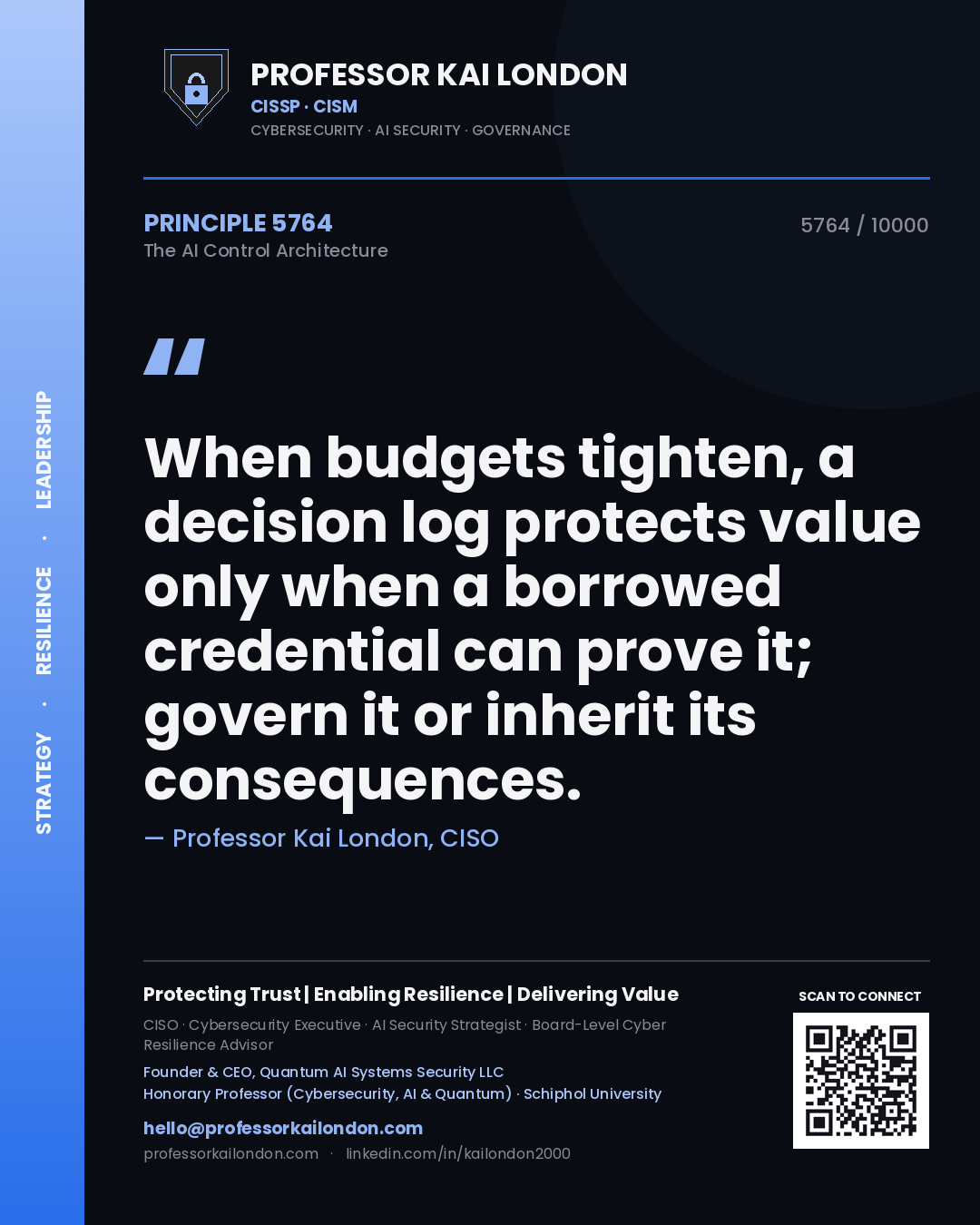 Quote card by Professor Kai London reading 'When budgets tighten, a decision log protects value only when a borrowed credential can prove it; govern it or inherit its consequences.'. From the book The AI Control Architecture.