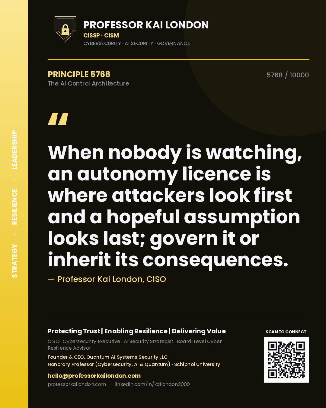 Quote card by Professor Kai London reading 'When nobody is watching, an autonomy licence is where attackers look first and a hopeful assumption looks last; govern it or inherit its consequences.'. From the book The AI Control Architecture.
