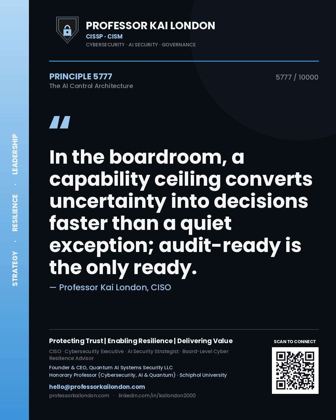 Professor Kai London principle 5777: In the boardroom, a capability ceiling converts uncertainty into decisions faster than a quiet exception; audit-ready is the only ready.