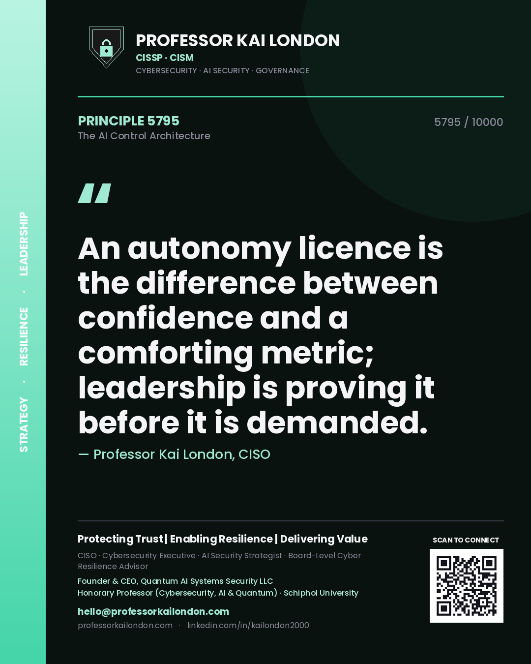 Quote card by Professor Kai London reading 'An autonomy licence is the difference between confidence and a comforting metric; leadership is proving it before it is demanded.'. From the book The AI Control Architecture.