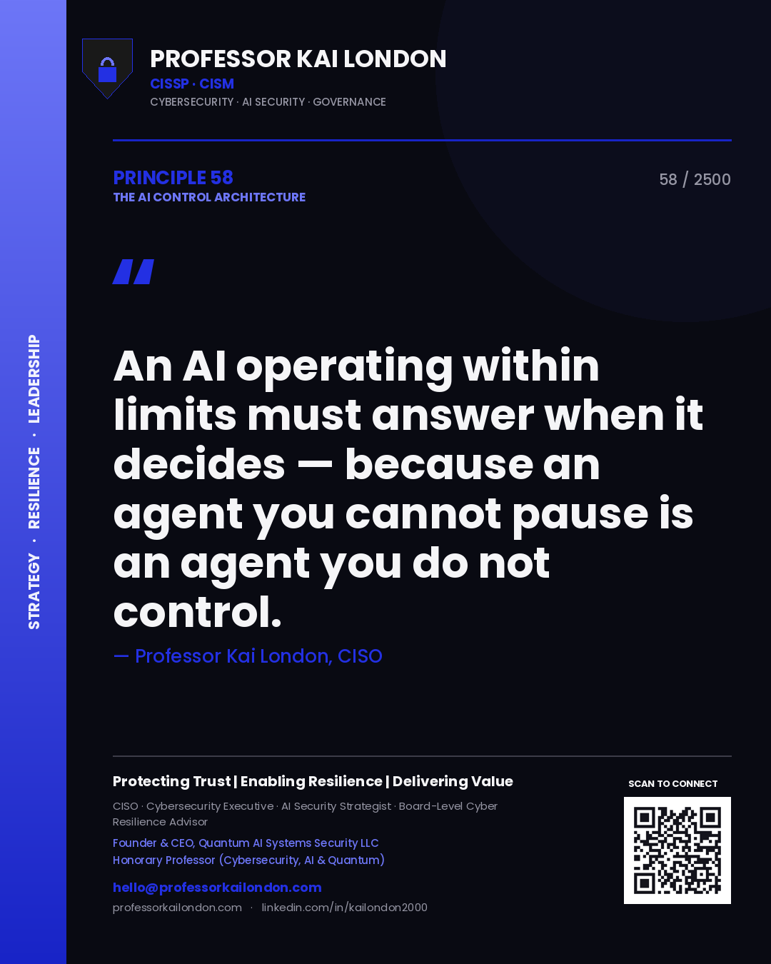 Quote card by Professor Kai London reading 'An AI operating within limits must answer when it decides — because an agent you cannot pause is an agent you do not control.'. From the book The AI Control Architecture.