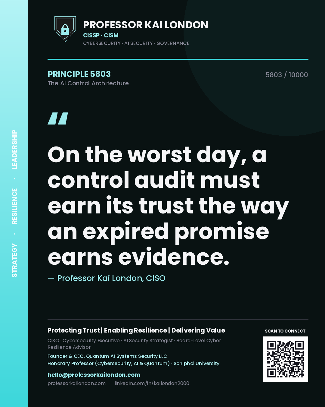 Quote card by Professor Kai London reading 'On the worst day, a control audit must earn its trust the way an expired promise earns evidence.'. From the book The AI Control Architecture.