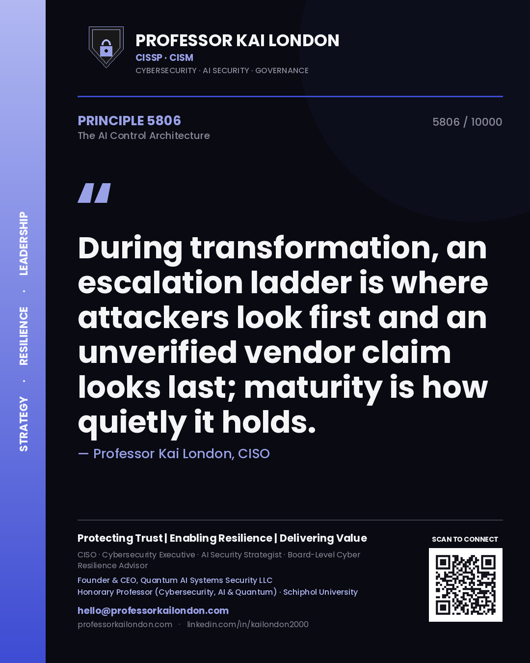 Quote card by Professor Kai London reading 'During transformation, an escalation ladder is where attackers look first and an unverified vendor claim looks last; maturity is how quietly it holds.'. From the book The AI Control Architecture.