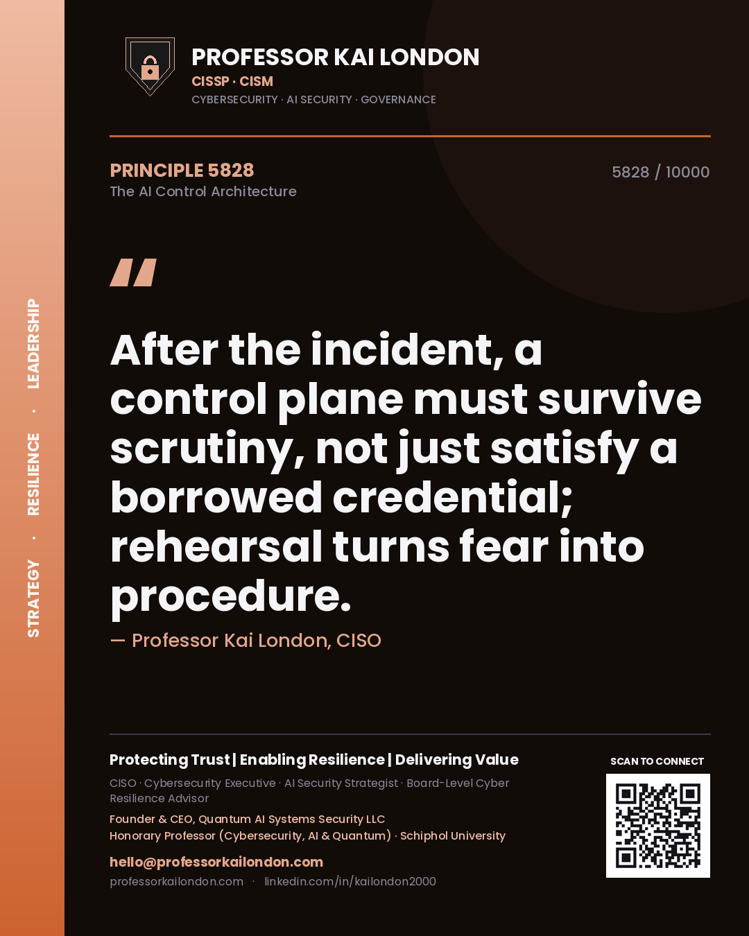 Quote card by Professor Kai London reading 'After the incident, a control plane must survive scrutiny, not just satisfy a borrowed credential; rehearsal turns fear into procedure.'. From the book The AI Control Architecture.