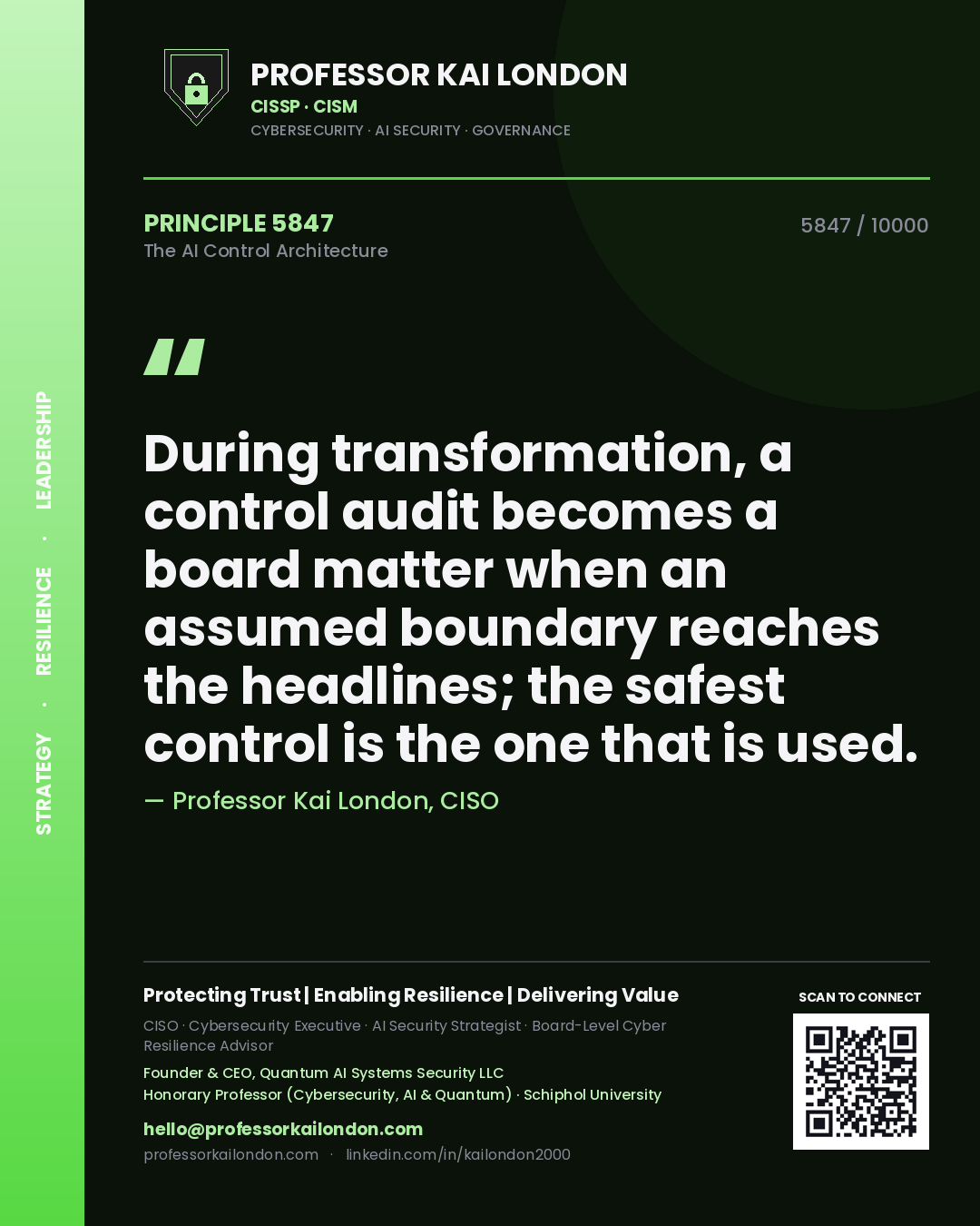 Quote card by Professor Kai London reading 'During transformation, a control audit becomes a board matter when an assumed boundary reaches the headlines; the safest control is the one that is used.'. From the book The AI Control Architecture.