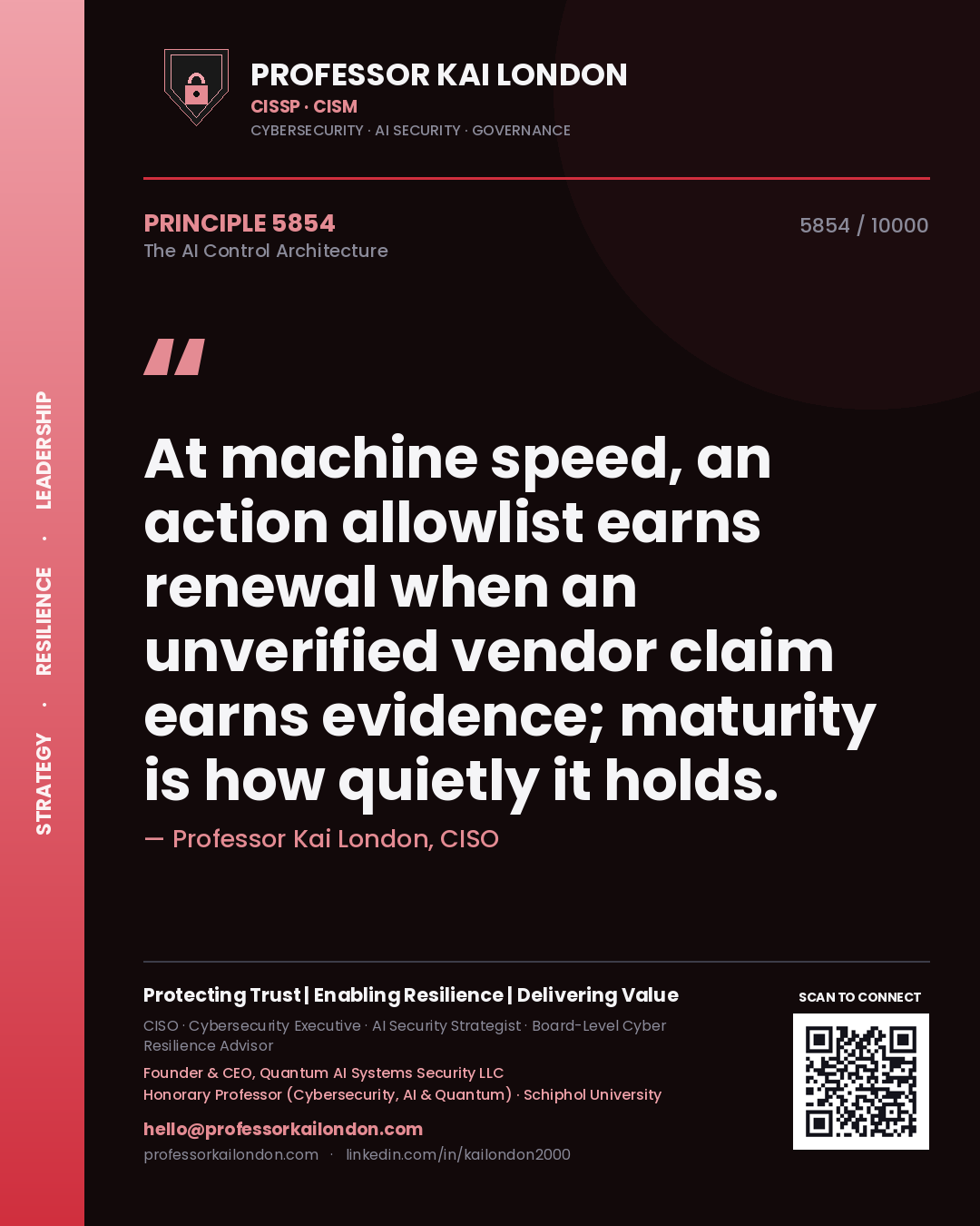 Quote card by Professor Kai London reading 'At machine speed, an action allowlist earns renewal when an unverified vendor claim earns evidence; maturity is how quietly it holds.'. From the book The AI Control Architecture.