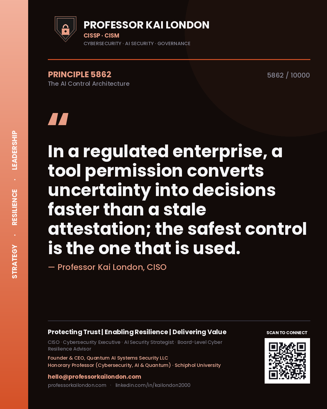 Quote card by Professor Kai London reading 'In a regulated enterprise, a tool permission converts uncertainty into decisions faster than a stale attestation; the safest control is the one that is used.'. From the book The AI Control Architecture.