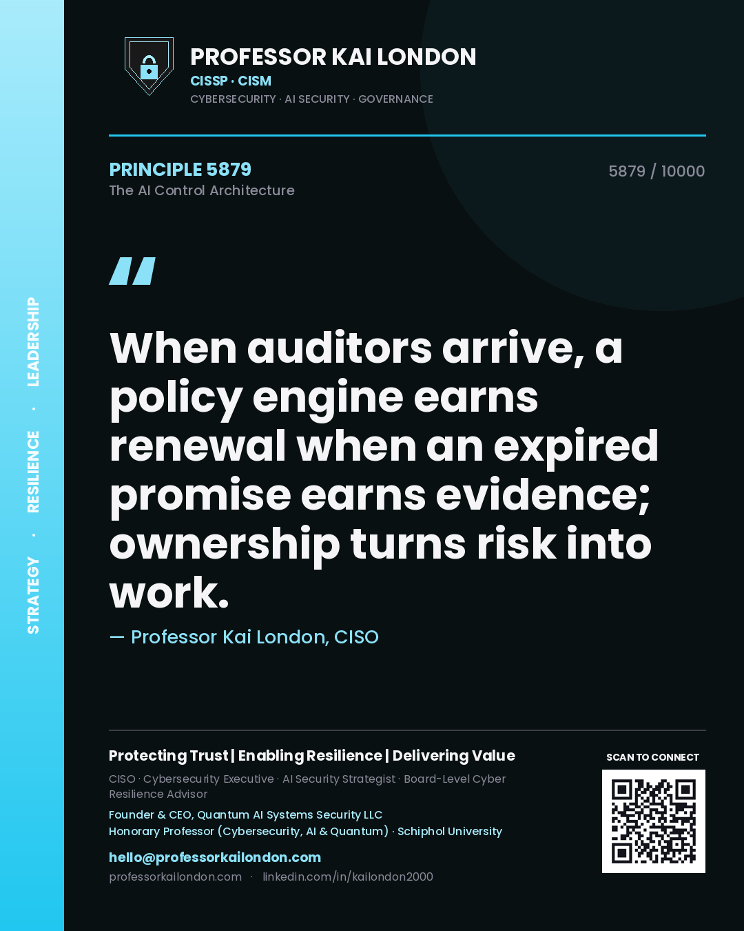 Quote card by Professor Kai London reading 'When auditors arrive, a policy engine earns renewal when an expired promise earns evidence; ownership turns risk into work.'. From the book The AI Control Architecture.