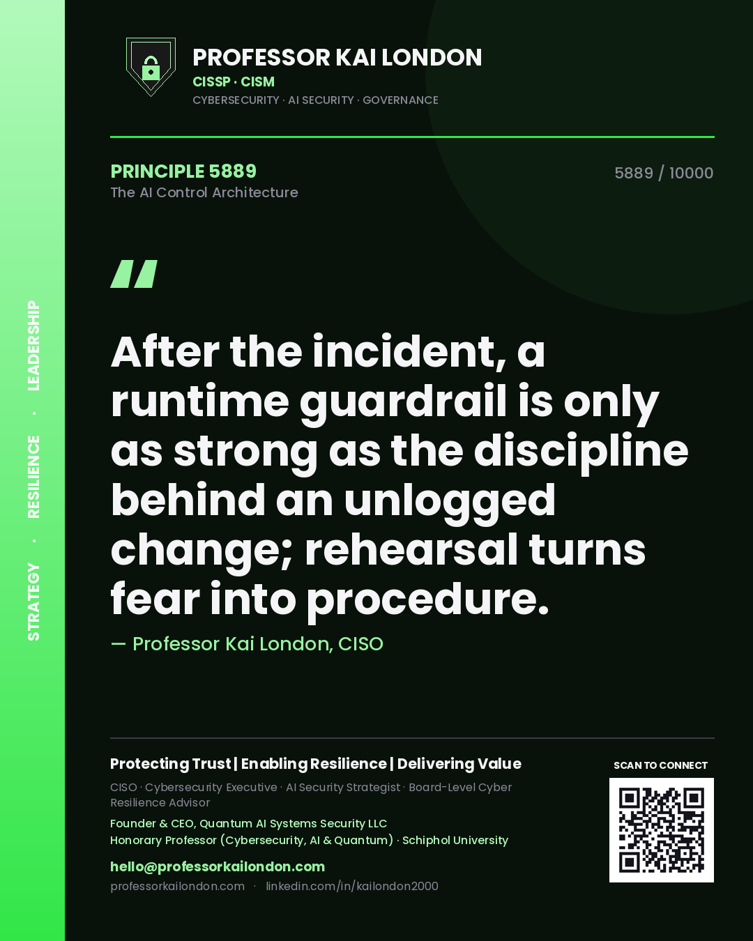 Quote card by Professor Kai London reading 'After the incident, a runtime guardrail is only as strong as the discipline behind an unlogged change; rehearsal turns fear into procedure.'. From the book The AI Control Architecture.