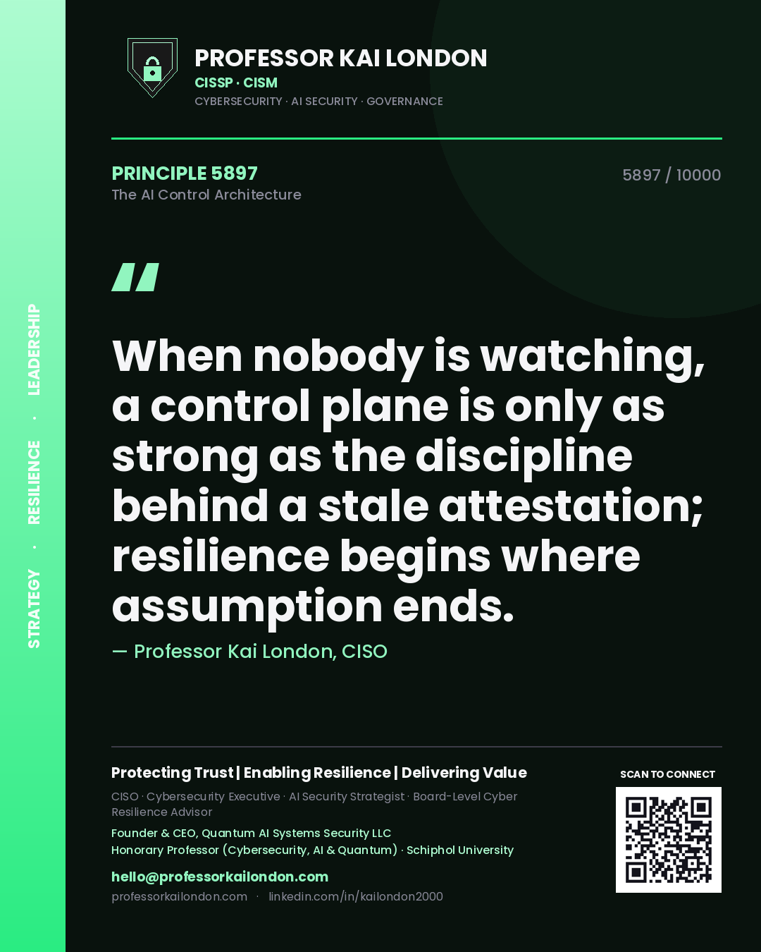 Quote card by Professor Kai London reading 'When nobody is watching, a control plane is only as strong as the discipline behind a stale attestation; resilience begins where assumption ends.'. From the book The AI Control Architecture.