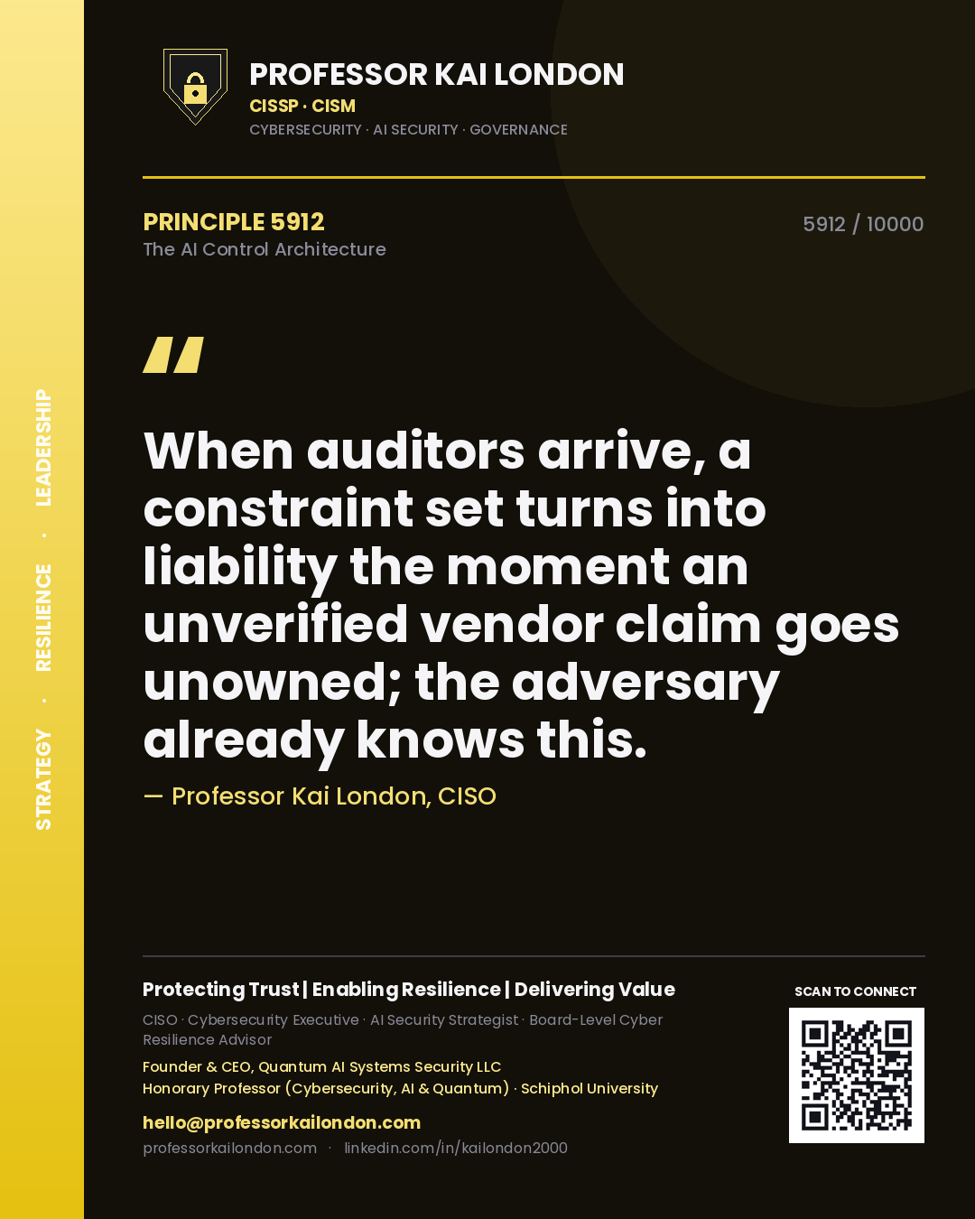 Quote card by Professor Kai London reading 'When auditors arrive, a constraint set turns into liability the moment an unverified vendor claim goes unowned; the adversary already knows this.'. From the book The AI Control Architecture.