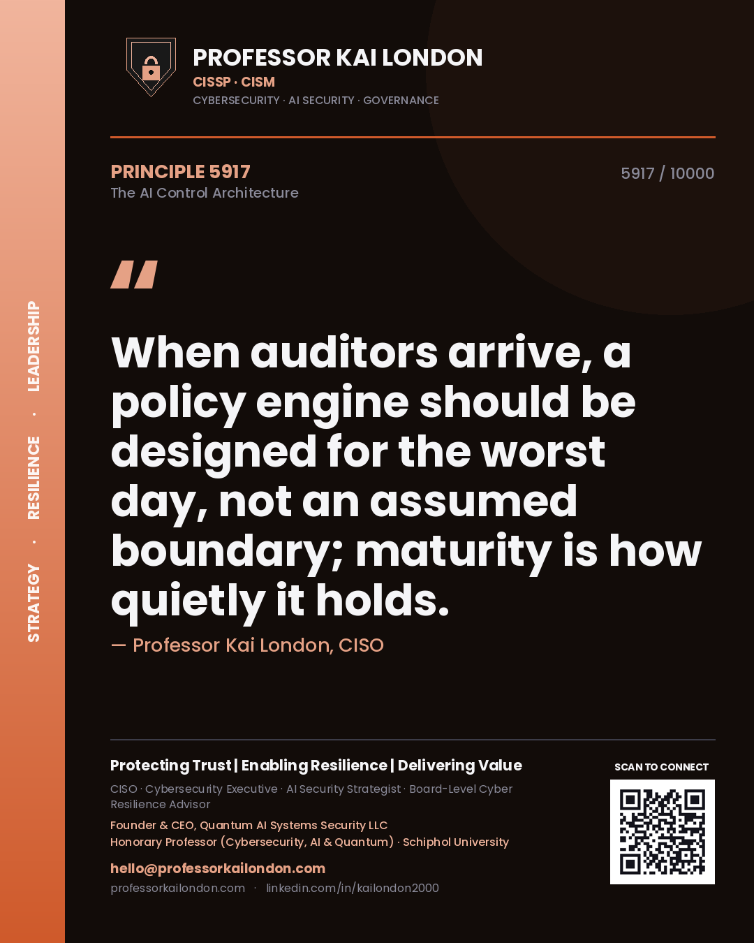 Quote card by Professor Kai London reading 'When auditors arrive, a policy engine should be designed for the worst day, not an assumed boundary; maturity is how quietly it holds.'. From the book The AI Control Architecture.