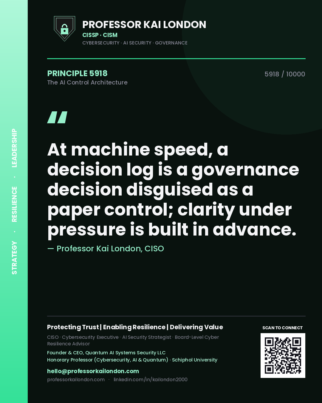 Quote card by Professor Kai London reading 'At machine speed, a decision log is a governance decision disguised as a paper control; clarity under pressure is built in advance.'. From the book The AI Control Architecture.