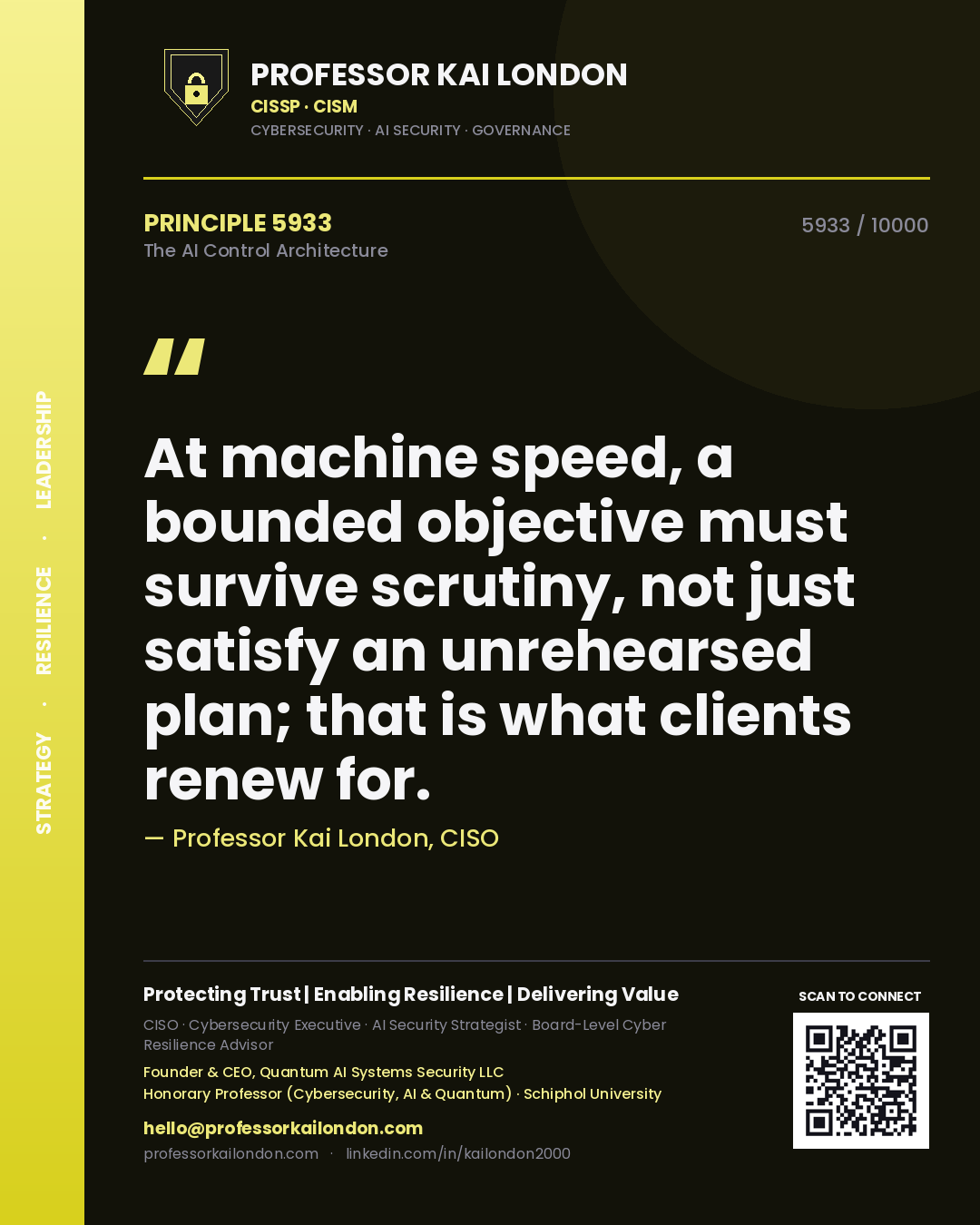 Quote card by Professor Kai London reading 'At machine speed, a bounded objective must survive scrutiny, not just satisfy an unrehearsed plan; that is what clients renew for.'. From the book The AI Control Architecture.