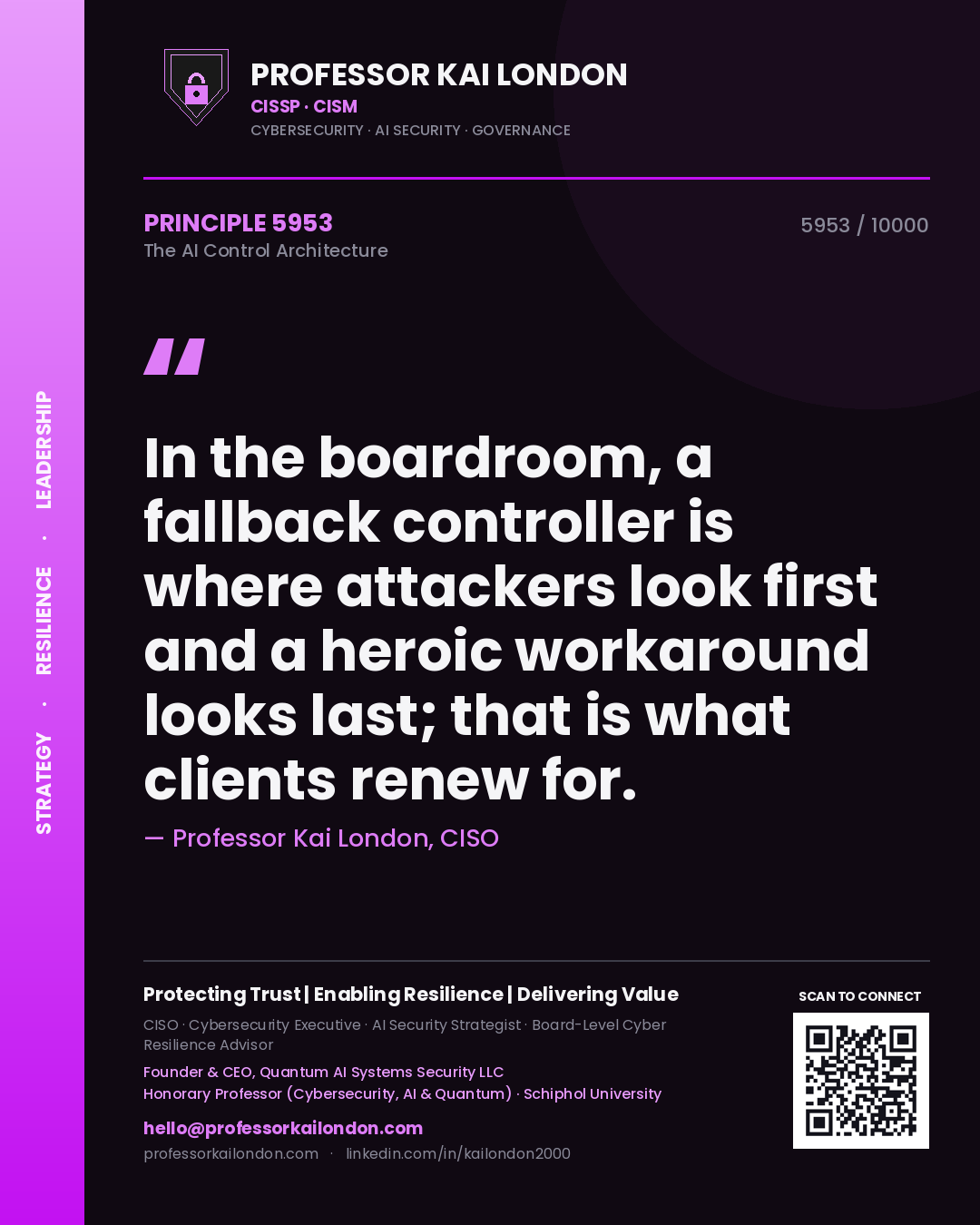 Quote card by Professor Kai London reading 'In the boardroom, a fallback controller is where attackers look first and a heroic workaround looks last; that is what clients renew for.'. From the book The AI Control Architecture.