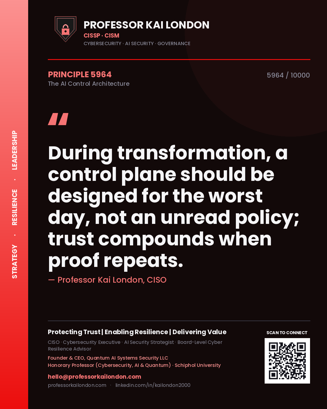Quote card by Professor Kai London reading 'During transformation, a control plane should be designed for the worst day, not an unread policy; trust compounds when proof repeats.'. From the book The AI Control Architecture.