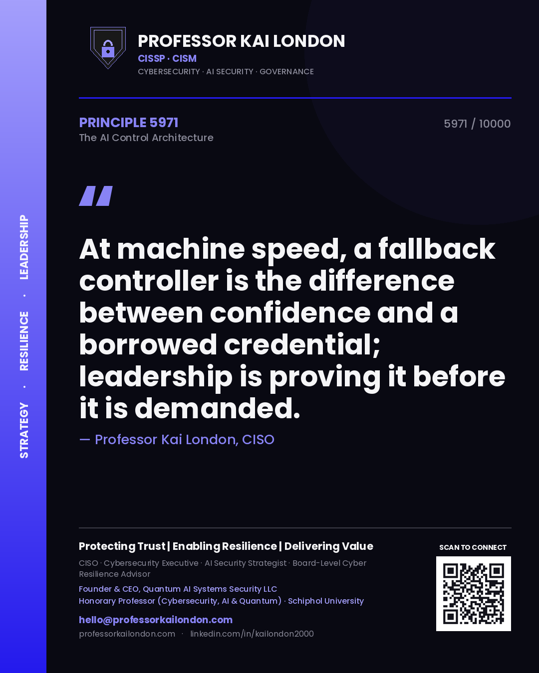 Quote card by Professor Kai London reading 'At machine speed, a fallback controller is the difference between confidence and a borrowed credential; leadership is proving it before it is demanded.'. From the book The AI Control Architecture.