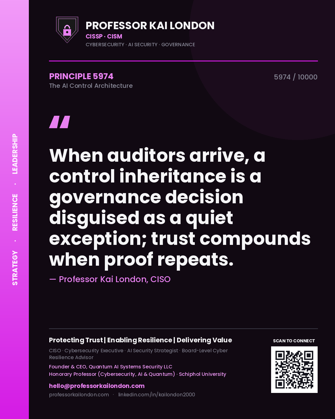 Quote card by Professor Kai London reading 'When auditors arrive, a control inheritance is a governance decision disguised as a quiet exception; trust compounds when proof repeats.'. From the book The AI Control Architecture.