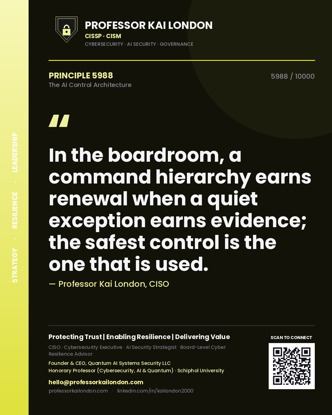 Quote card by Professor Kai London reading 'In the boardroom, a command hierarchy earns renewal when a quiet exception earns evidence; the safest control is the one that is used.'. From the book The AI Control Architecture.