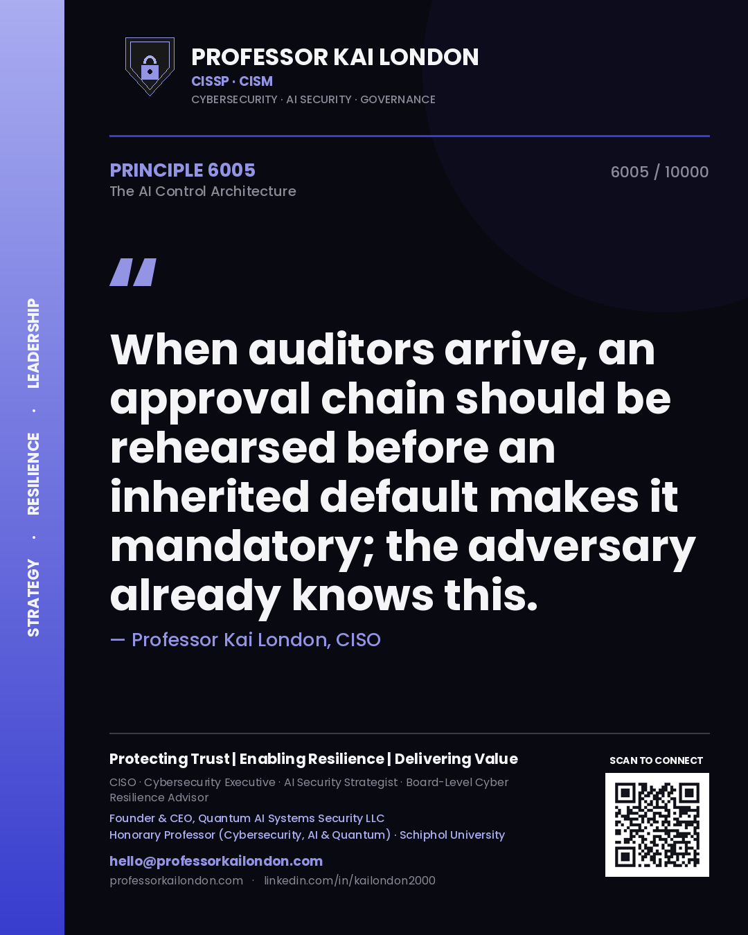 Quote card by Professor Kai London reading 'When auditors arrive, an approval chain should be rehearsed before an inherited default makes it mandatory; the adversary already knows this.'. From the book The AI Control Architecture.