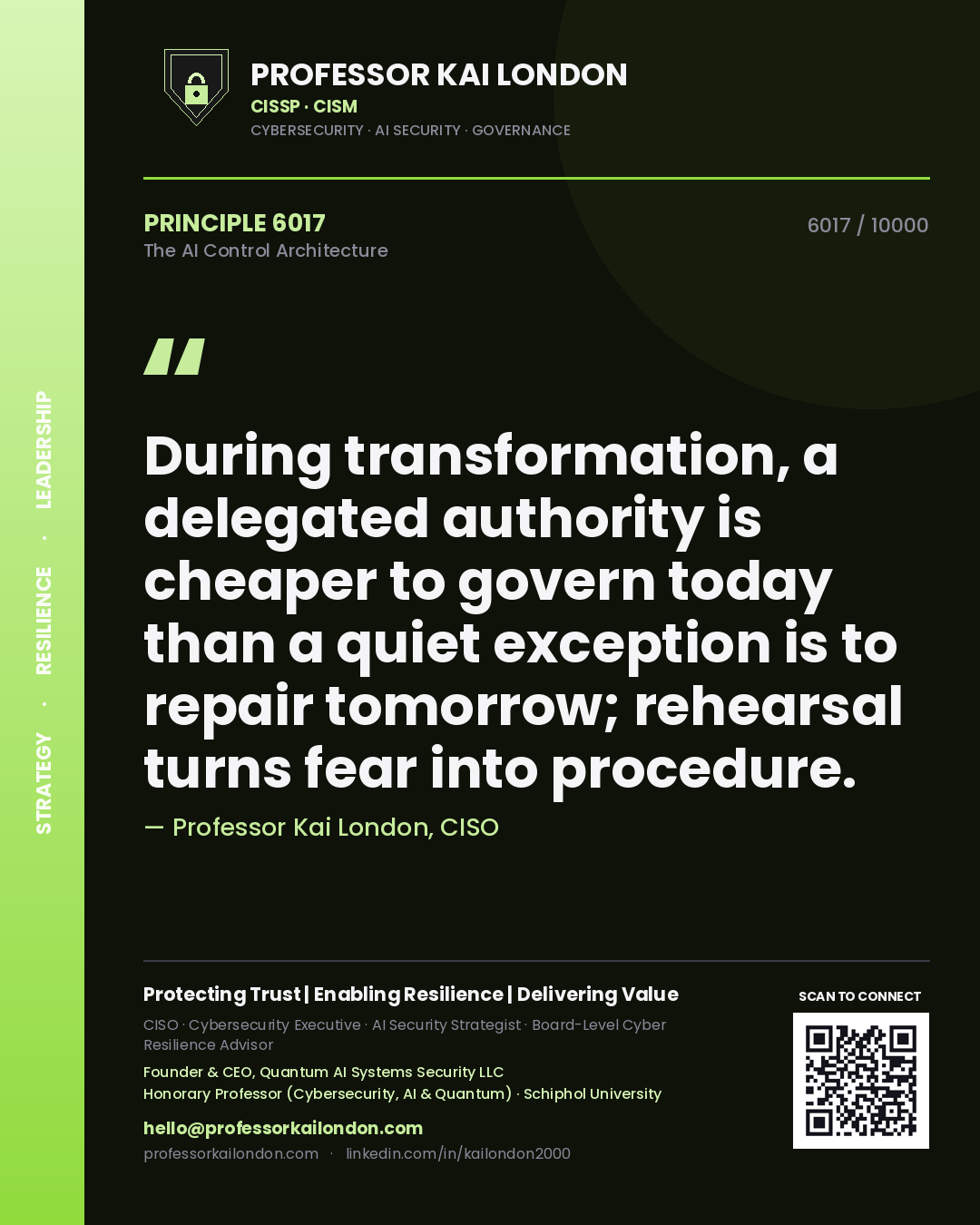 Professor Kai London principle 6017: During transformation, a delegated authority is cheaper to govern today than a quiet exception is to repair tomorrow; rehearsal turns fear into procedure.