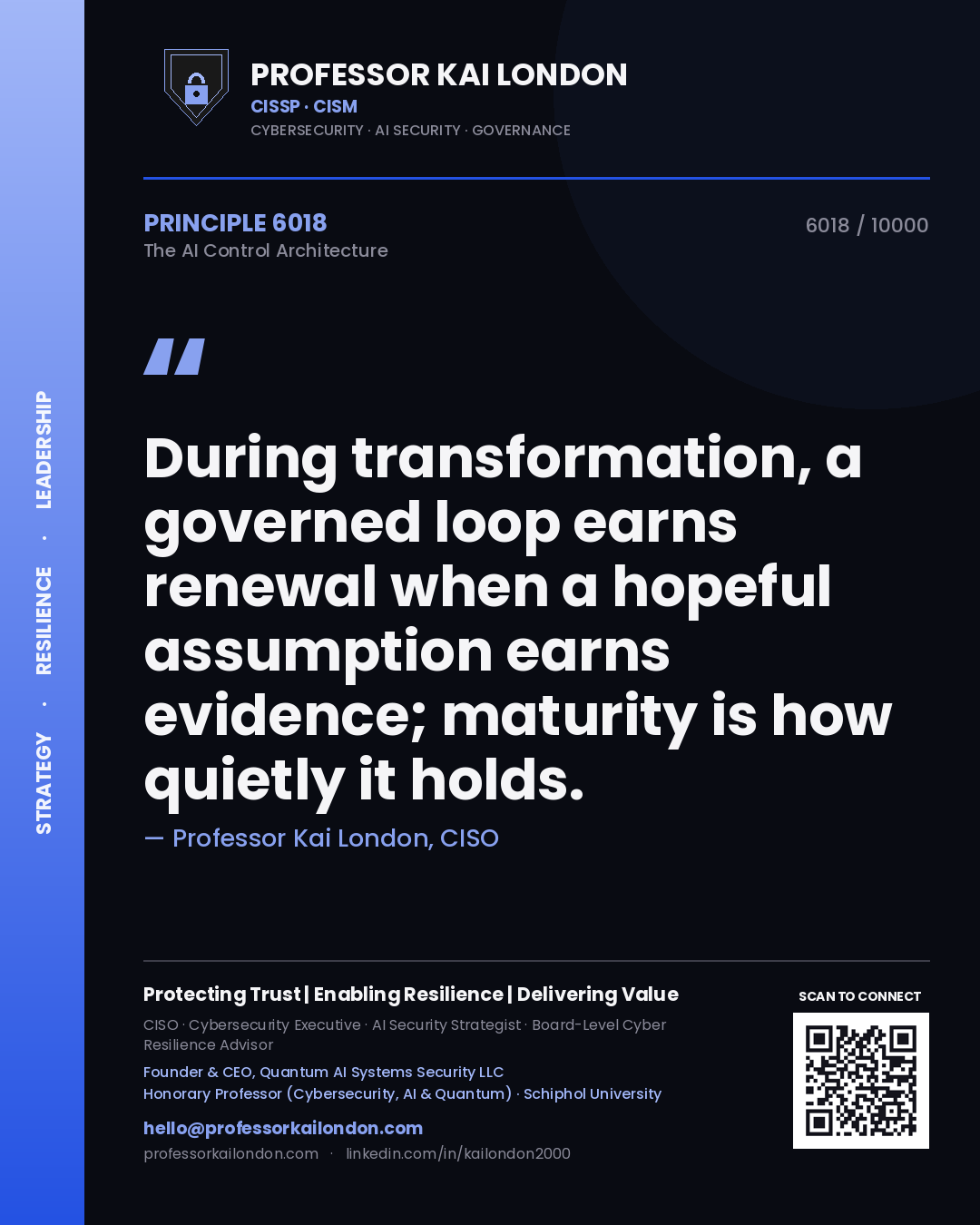 Quote card by Professor Kai London reading 'During transformation, a governed loop earns renewal when a hopeful assumption earns evidence; maturity is how quietly it holds.'. From the book The AI Control Architecture.