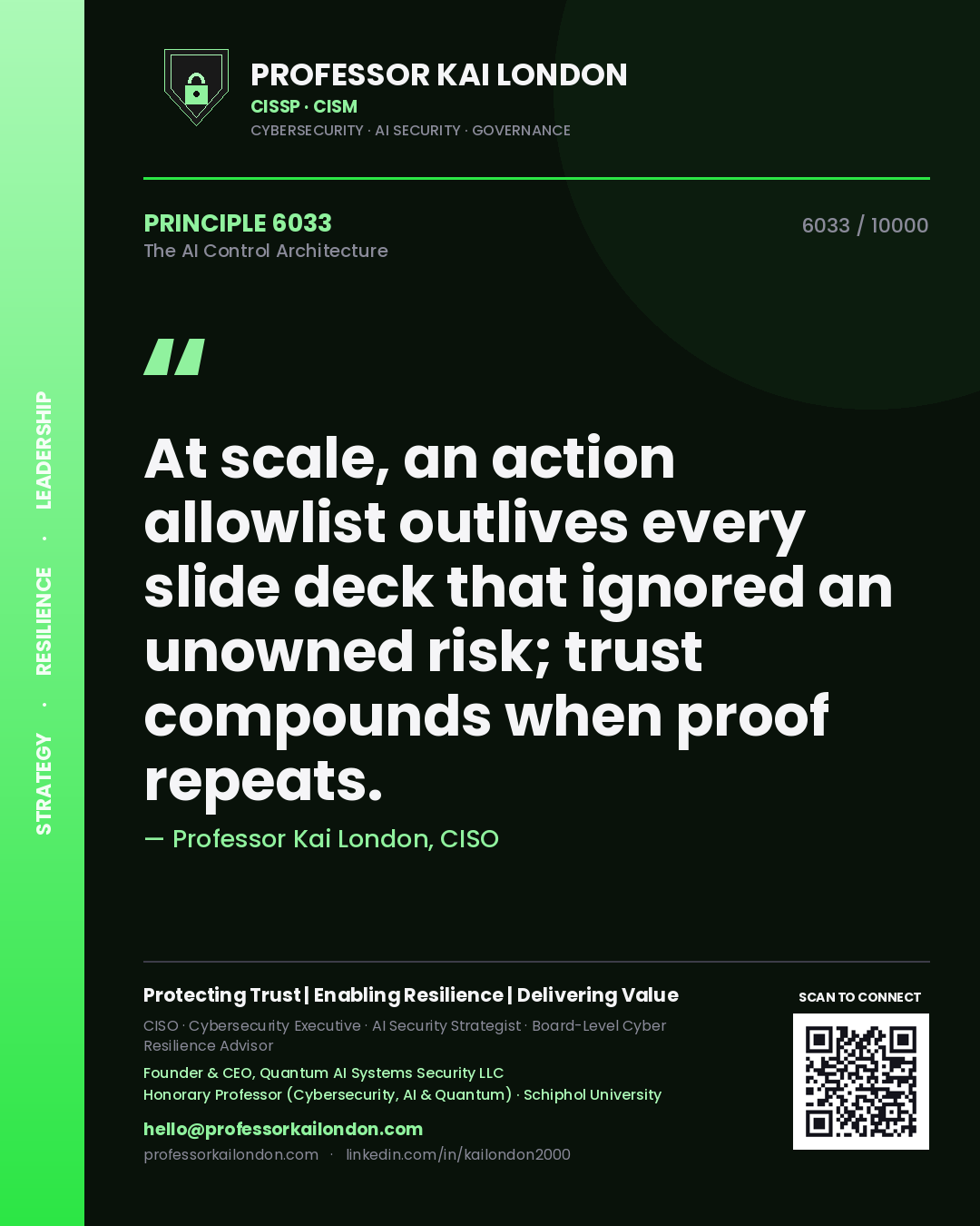 Professor Kai London principle 6033: At scale, an action allowlist outlives every slide deck that ignored an unowned risk; trust compounds when proof repeats.